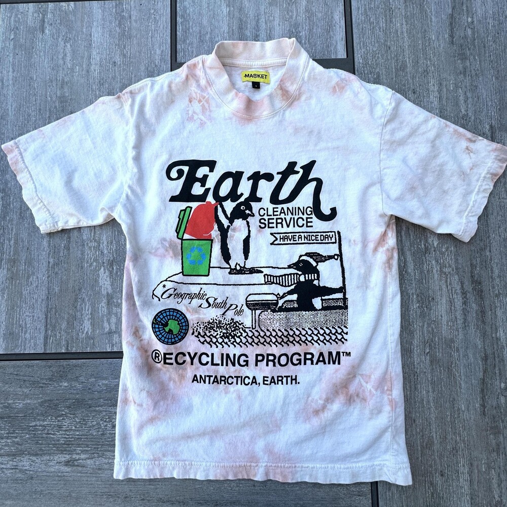 MARKET Shirt Mens Small White Pink Tie Dye Earth Cleaning Service Graphic Tee